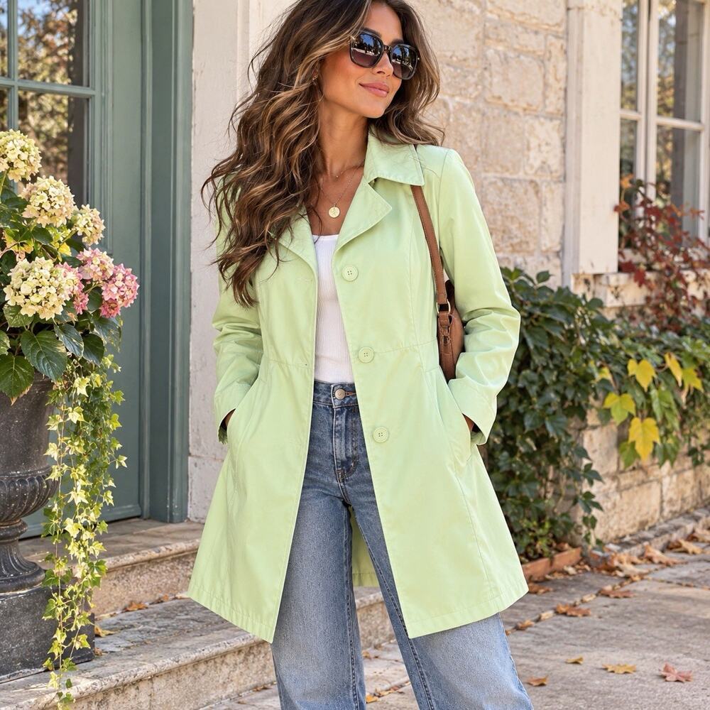 Vintage 90s Esprit Sz L Mint Green Trench Coat Mod Retro Preppy Lightweight